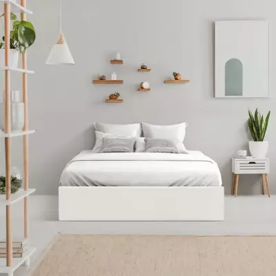 Lit coffre adulte 140x190 cm - Tissu Beige - Eco-friendly - FSC 100%
