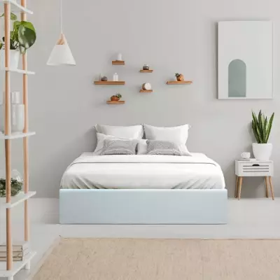 Lit adulte 140x190 cm avec coffre de rangement - Simili Blanc et bois certifié FSC