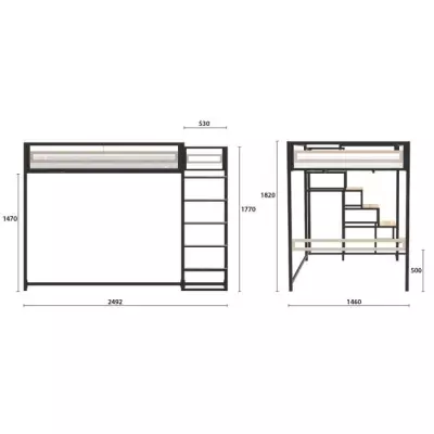 Lit mezzanine LEON - 140x190 cm - Métal noir - Sommier inclus