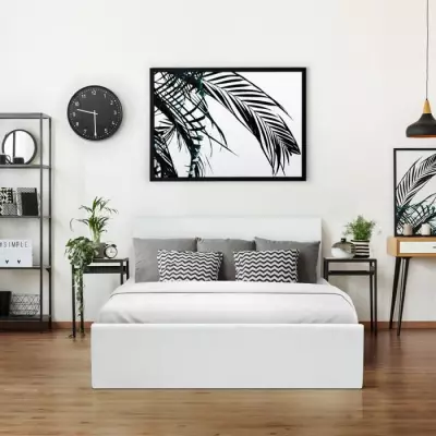 Lit adulte avec coffre de rangement 140x190 cm - Simili blanc