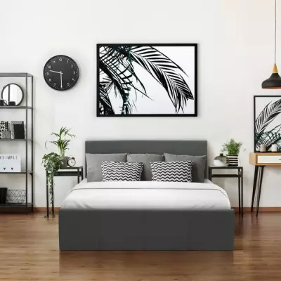 Lit adulte 140x190 cm + coffre de rangement - Simili gris - Sommier inclus