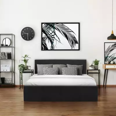 Lit adulte 160x200 cm + coffre de rangement - Simili noir - Sommier inclus