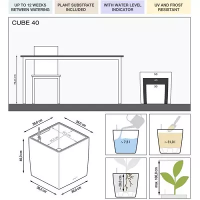 Pot de fleur LECHUZA Cube Premium 40 - Kit complet, noir brillant