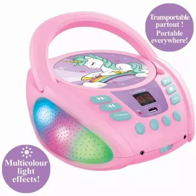 Lecteur CD Licorne Bluetooth pour Enfant - Effets Lumineux - USB