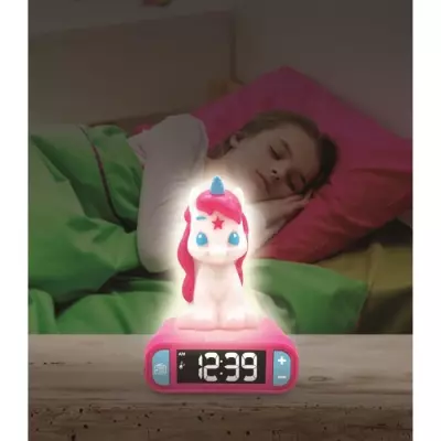 Réveil veilleuse Licorne 3D lumineux et sonore - Blanc et rose
