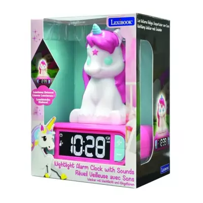 Réveil veilleuse Licorne 3D lumineux et sonore - Blanc et rose