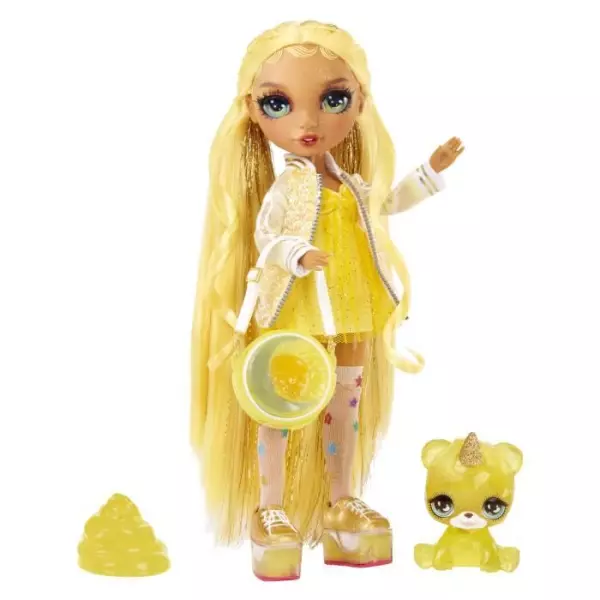 Rainbow High Poupée Mannequin avec Kit de Slime et Animal de Compagnie - Sunny (Jaune) - Poupée Pailletée 28 cm avec Kit de S