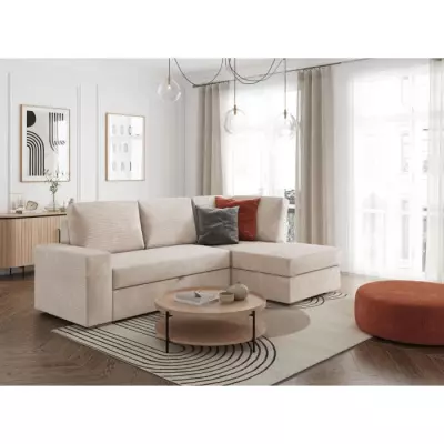 Canapé d'angle droit 3 places convertible ADEN - Velours côtelé beige