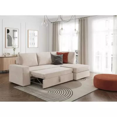 Canapé d'angle droit 3 places convertible ADEN - Velours côtelé beige
