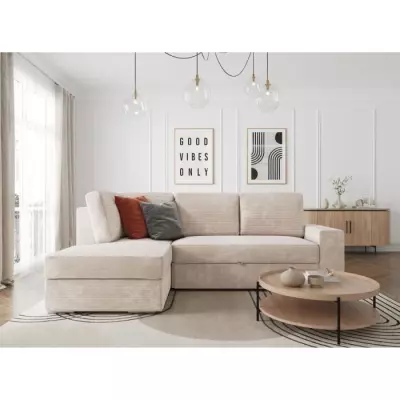 Canapé d'angle convertible en velours côtelé beige - L246 x P174 x H96cm