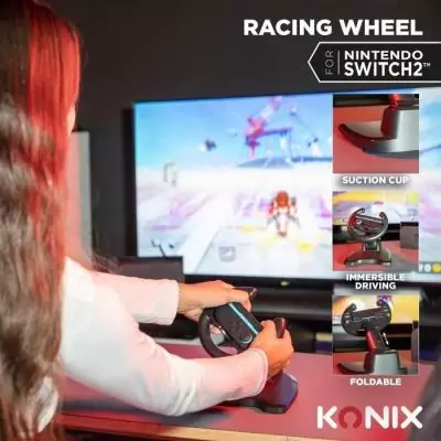 Volant Racing Wheel - Manette Joy-Con Nintendo Switch 2 - Konix - Compatible Mario Kart World - Fixation ventouse - Noir