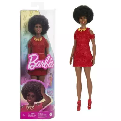 Poupée Barbie Fashionistas 221 : cheveux noirs et robe rouge