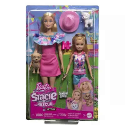Barbie-Coffret Poupées Stacie et Barbie avec 2 chiots et accessoires HRM09