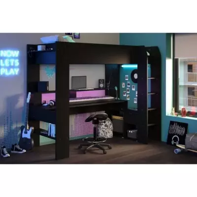 Lit mezzanine enfant Gamer LED - 90 x 200 cm - Noir mat - Made in France