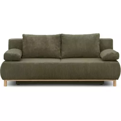 Banquette convertible 3 places MIKA - Velours côtelé vert kaki - Coffre de rangement