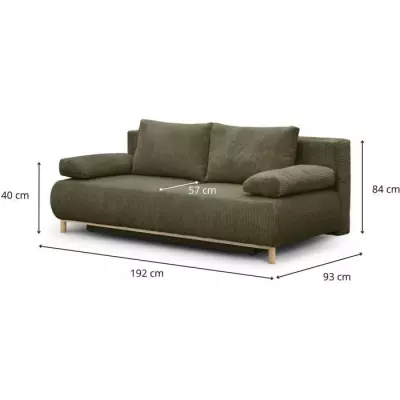Banquette convertible 3 places MIKA - Velours côtelé vert kaki - Coffre de rangement