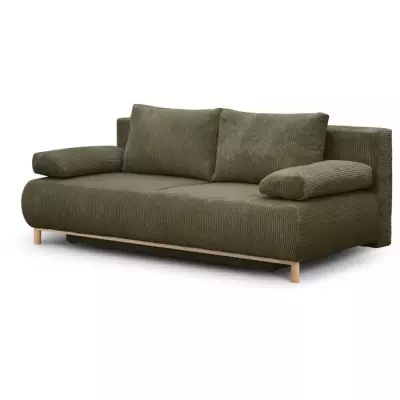 Banquette convertible 3 places MIKA - Velours côtelé vert kaki - Coffre de rangement