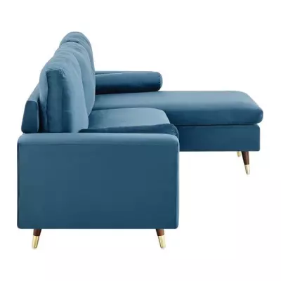 Canapé d'angle fixe réversible bleu - 3 places - Pieds bois et doré