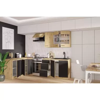 Cuisine MODENA: Style artisanal en chêne et noir - 270x150cm