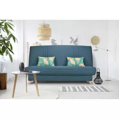 Banquette clic confortable - Tissu bleu + Coussins déco jungle