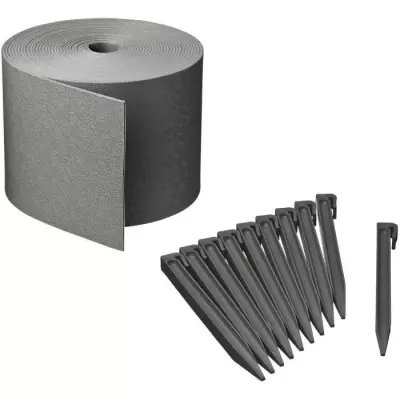 Bordure de jardin NATURE Gris 3mm PE recyclé 15x10m - 10 Ancres - H26,7 x 1,9 x 1,8 cm