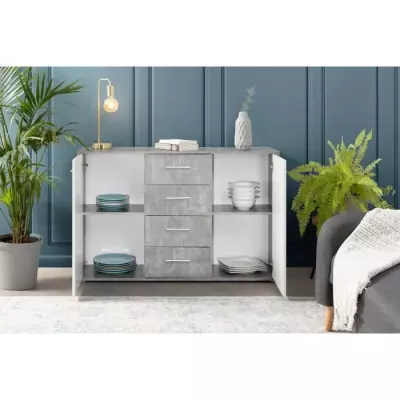 Buffet bas PILVI - Blanc/béton clair - 2 portes et 4 tiroirs
