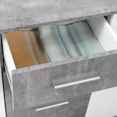 Buffet bas PILVI - Blanc/béton clair - 2 portes et 4 tiroirs