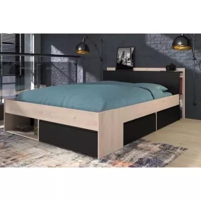 Lit adulte COMBO 140x190/200 cm - Chene et noir - Fabriqué en France - 3 tiroirs