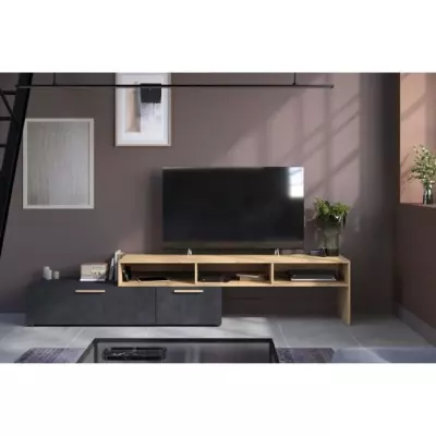 Meuble TV RAW - Chene et Steam Black - 1 abattant + 1 tiroir
