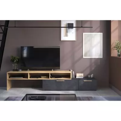 Meuble TV RAW - Chene et Steam Black - 1 abattant + 1 tiroir