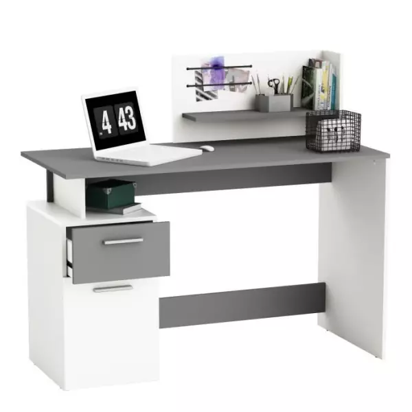 Bureau droit - Blanc et gris - Contemporain - L 121,5 x H 109,7 x P 55,1 cm - 1 porte 1 tiroir - PLATON