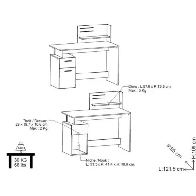 Bureau contemporain Platon - Blanc/Gris - L121.5 x H109.7 x P55.1 cm
