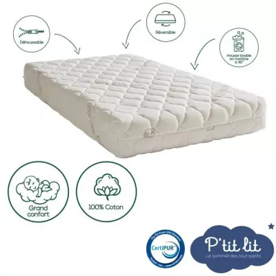 Matelas Bébé Coton Bio - 100% Coton - 60x120x10 cm