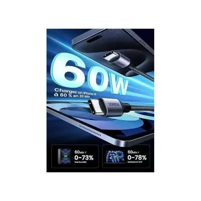 Câble USB-C - UGREEN - Câble data 1 m - 60W - Nylon - PD - Noir Câble USB-C - UGREEN - Câble data 1 m - 60W - Nylon - PD - Noir