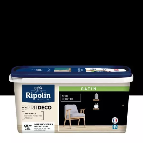 Peinture Couleur Intérieure Satin pour Cuisine Salle Salon Chambre - sur Murs Boiseries Radiateurs - 2,5L - Noir Houvert - Ripo