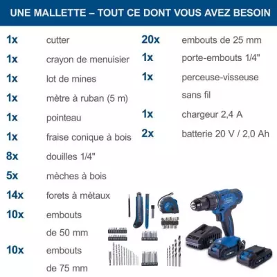 Coffret perceuse visseuse sans fil 50Nm + 74 accessoires - SCHEPPACH 20V