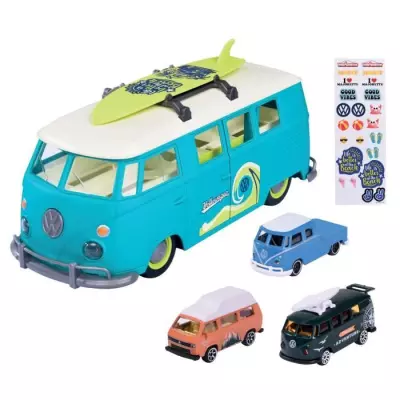 Lot de 3 mini véhicules Volkswagen T1 1/64 - Bleu - MAJORETTE