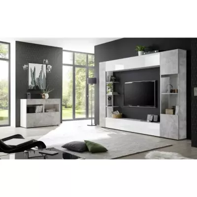 Composition murale TV SIENNA - Design laqué blanc et béton - L295 x P30 x H187 cm