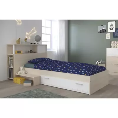 Ensemble lit + tête de lit avec rangement - Style contemporain - Décor acacia clair et blanc