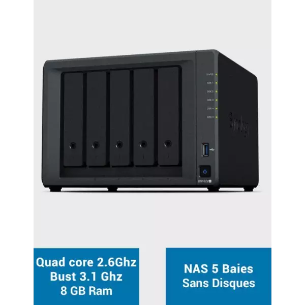 Serveur NAS extensible 5 baies - SYNOLOGY - DS1522+ - AMD Ryzen R1600 - 8 Go DDR4 - RAID 1