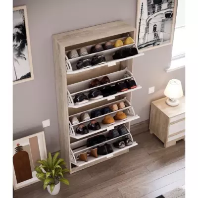 Meuble à chaussures Leona - Chêne et blanc - 4 Portes
