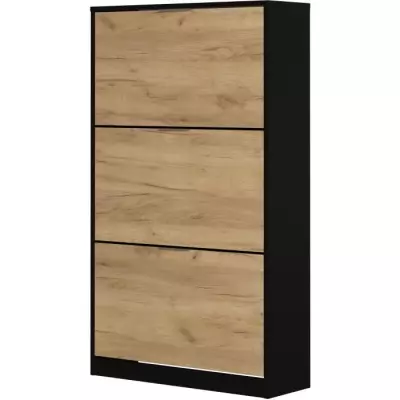 Meuble à chaussure 3 portes - Décor chêne et noir - 75x25x128 cm - Leona
