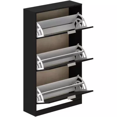 Meuble à chaussure 3 portes - Décor chêne et noir - 75x25x128 cm - Leona