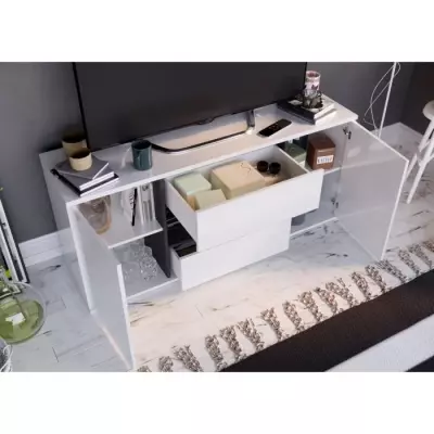 Meuble TV STAR 2 portes 2 tiroirs - Blanc & Gris Brillant