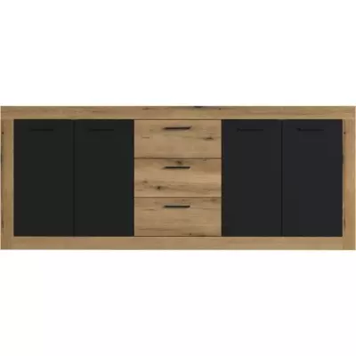 Buffet Industriel INDUS Chêne et Noir - 4 Portes + 3 Tiroirs - L 206 x P 45 x H 83,5 cm