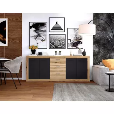 Buffet Industriel INDUS Chêne et Noir - 4 Portes + 3 Tiroirs - L 206 x P 45 x H 83,5 cm