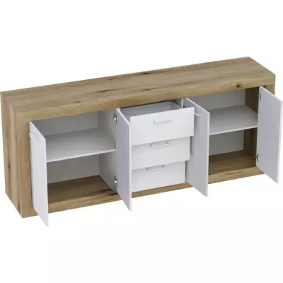 Buffet Mélamine Chêne Rustique et Blanc Mat - Spacieux et Élégant
