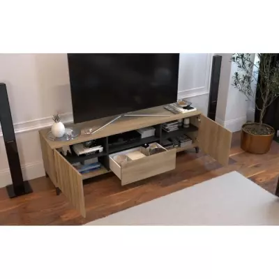 Meuble TV LINEAS - Chêne mélaminé - 2 portes + 1 tiroir - Design responsable
