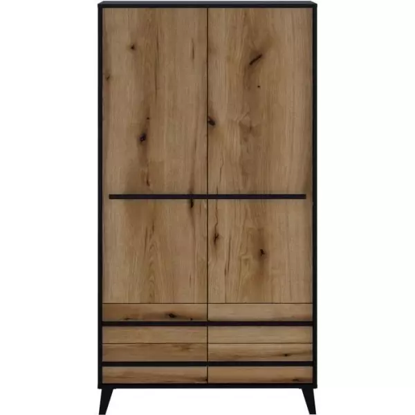 Armoire HEKA 2 portes + 4 tiroirs - Décor noir et chene - L100 x P50 x H180 cm - Fabriqué en Espagne