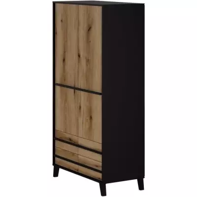 Armoire HEKA 2 portes + 4 tiroirs - Décor noir/chene - L100 x P50 x H180 - Espagne